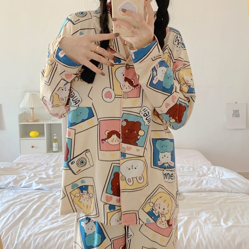 Bộ Đồ Ngủ Tay Dài Phong Cách Hàn Quốc Dễ Thương Dành Cho Nữ