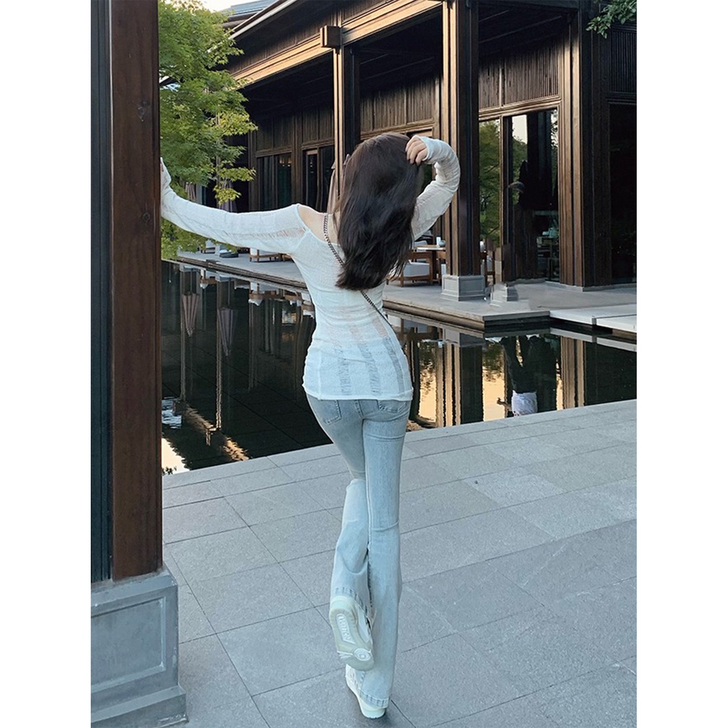 Cocory vn Áo Dệt Kim Tay Dài Dáng Ôm Khoét Lỗ Thời Trang Quyến Rũ Cho Nữ