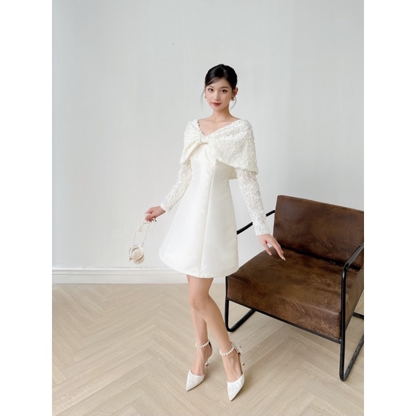Nalan Dress - váy thiết kế nơ ren trễ vai màu trắng kem