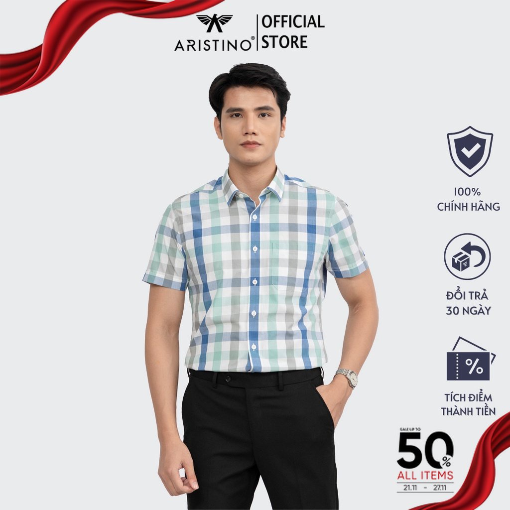 Áo sơ mi nam ngắn tay ARISTINO họa tiết trắng kẻ caro trẻ trung, nổi bật - ASS038S2