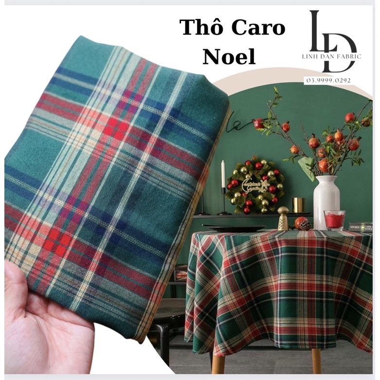 ( Đã May Viền ) Vải Thô caro Xanh đỏ làm khăn bàn , trang trí decor giáng sinh