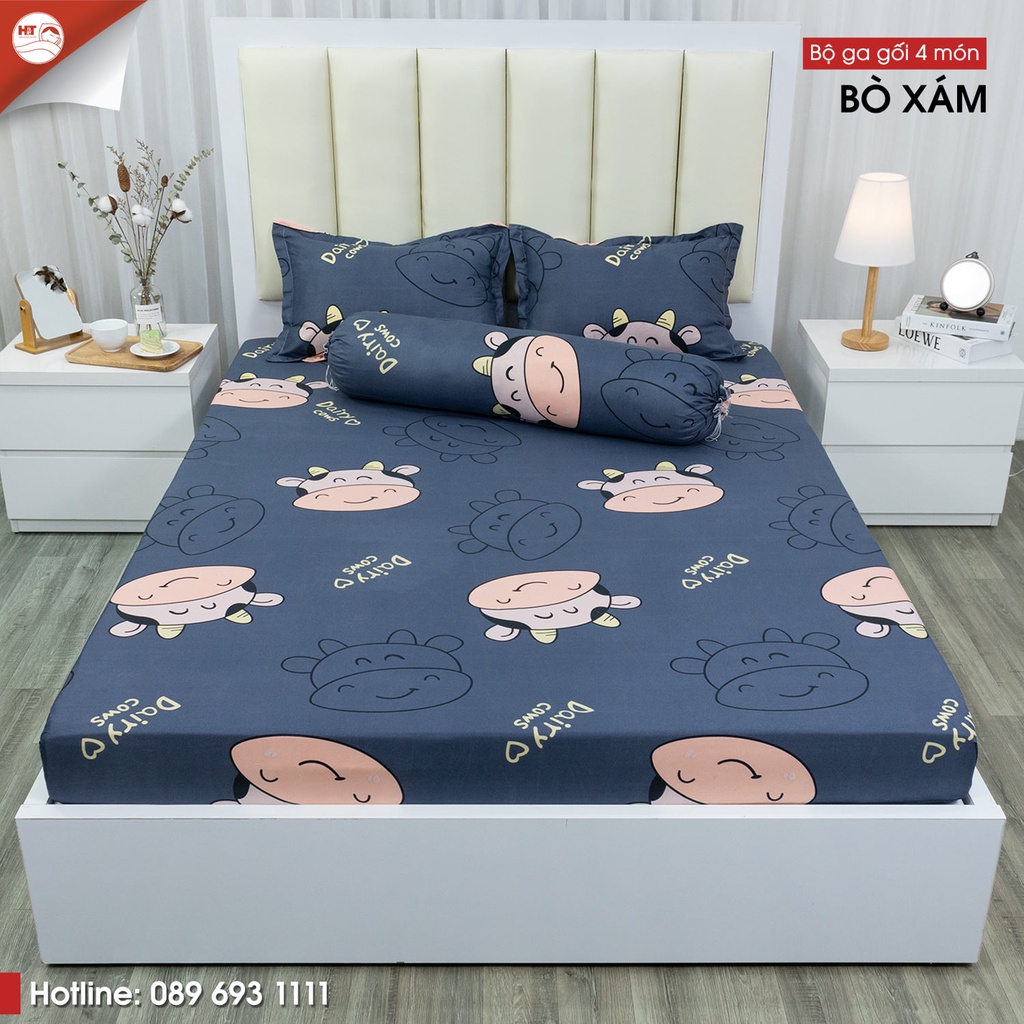 Bộ 4 món Ga Gối vỏ ôm Drap Trải Giường Poly Cotton bo chun miễn phí, Ga trải giường