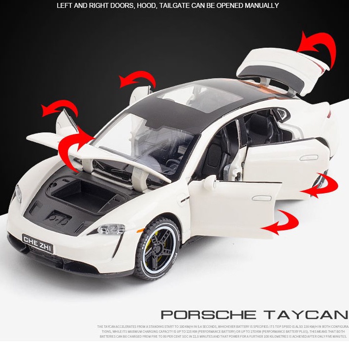 Mô hình xe điện Porsche Taycan Turbo S tỷ lệ 1:32, kim loại, đèn, âm thanh, bánh đà, đế trưng bày, quà tặng