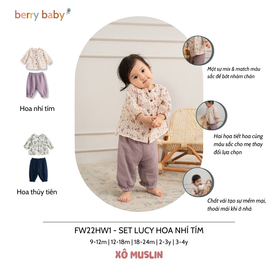 Đồ bộ cho bé gái berry dài tay nhiều màu áo họa tiết hoa quần trơn lucy - ảnh sản phẩm 2