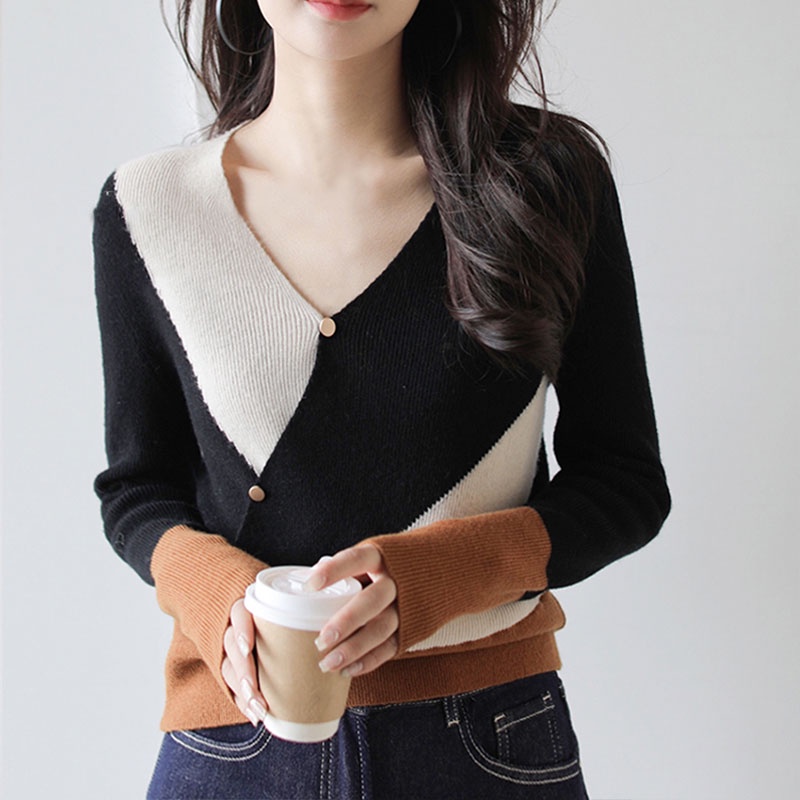 Áo Dệt Kim Tay Dài Cổ Chữ v Phối Màu Tương Phản Thời Trang Hàn Quốc Cho Nữ