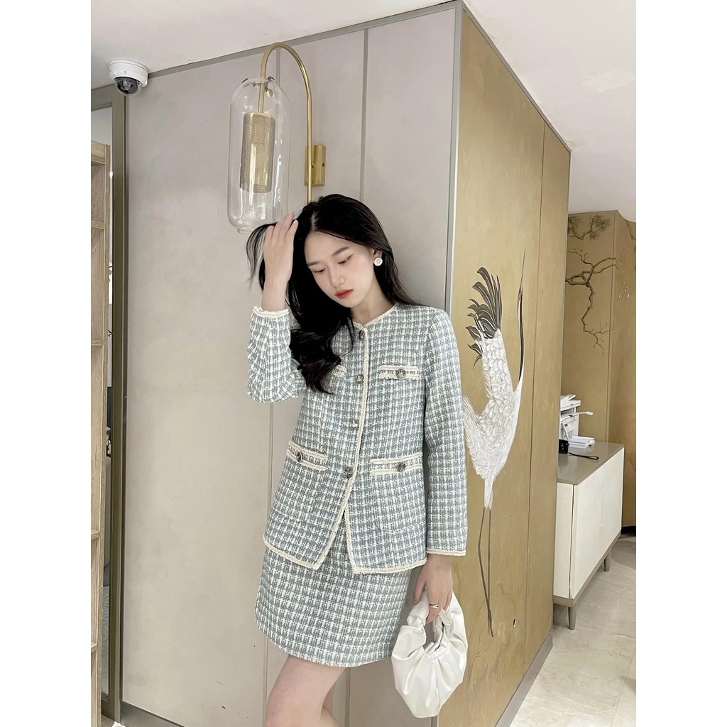 Set dạ stweed thiết kế màu xanh, áo khoác và chân váy tách rời - S.IS22.165