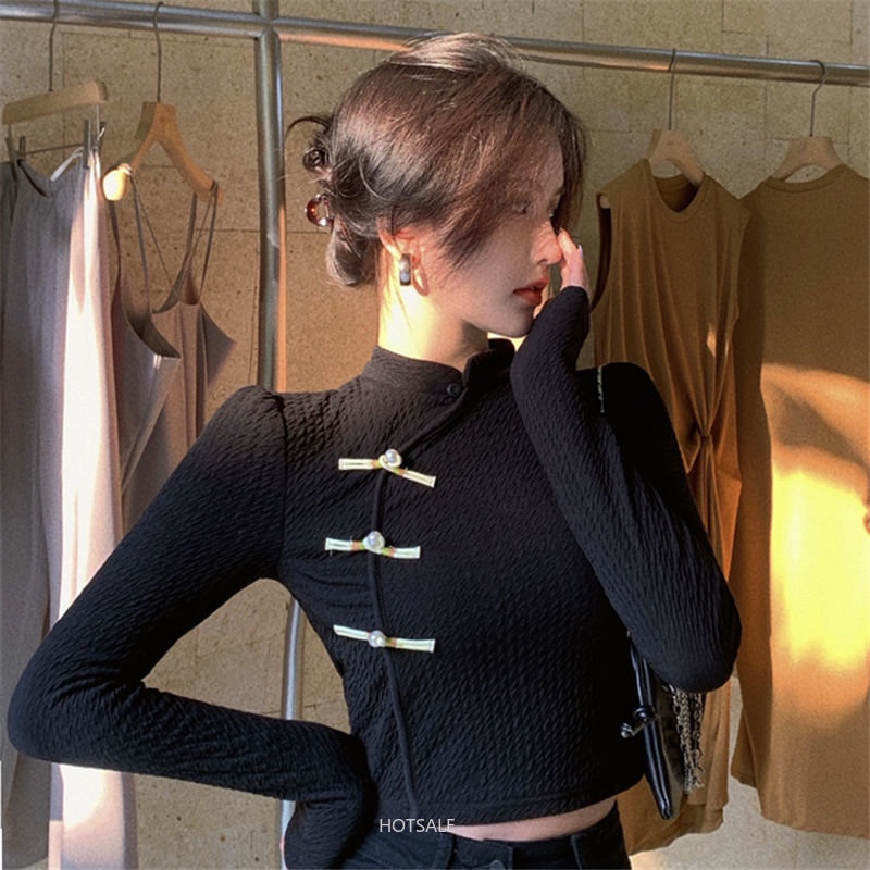 Áo Thun Sườn Xám Tay Dài Dáng Ngắn Ôm Sát Màu Đen Cài Khóa Kiểu Trung Hoa Cổ Điển Thời Trang Cho