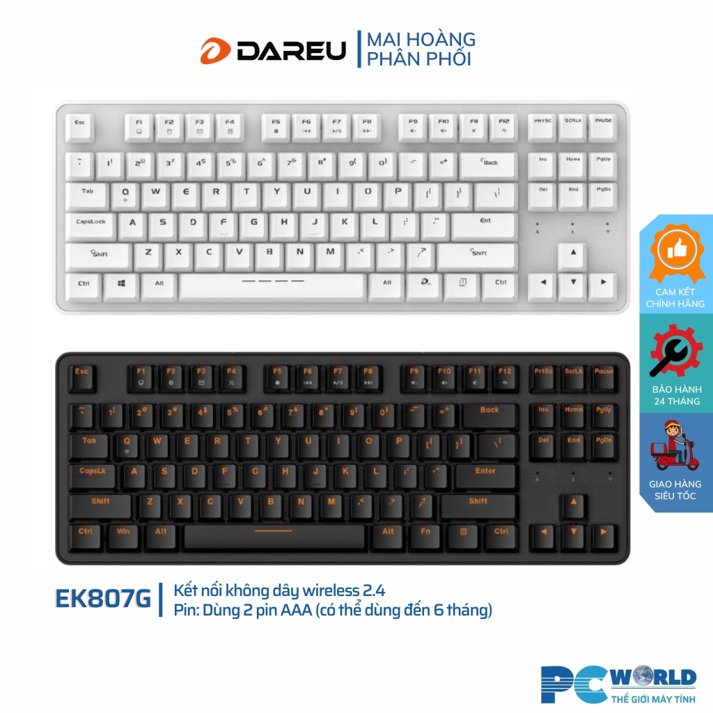 Bàn phím cơ không dây DAREU EK807G wireless 2.4GHz switch Blue/ Brown/ Red D switch | màu đen / trắng