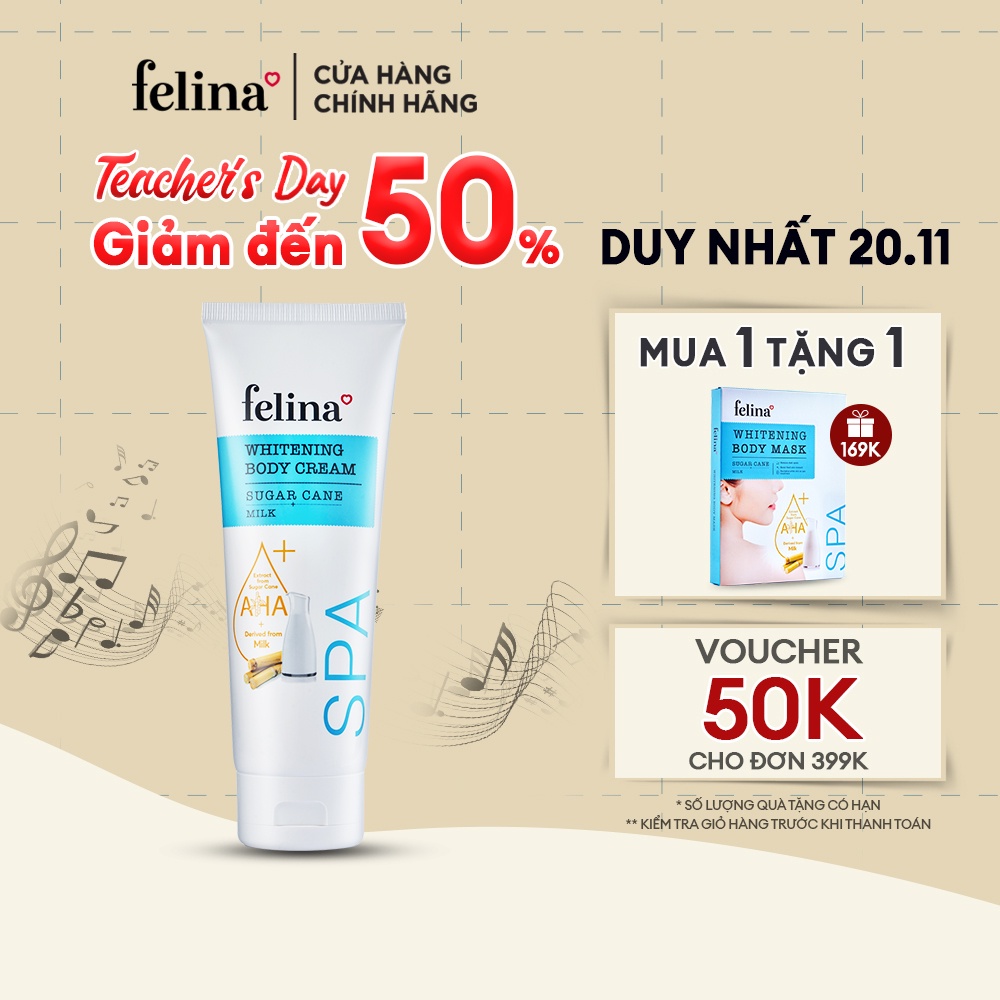Kem Body Trắng Da toàn thân Felina Home Spa 250g AHA từ đường mía & tinh chất Sữa 100% thiên nhiên Whitening Body Cream