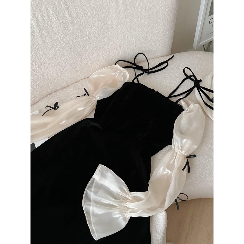 𝙏𝙚𝙩 𝘾𝙤𝙡𝙡𝙚𝙘𝙩𝙞𝙤𝙣/ Đầm nhung tiểu thư chữ A đính nơ phối tay voan phồng