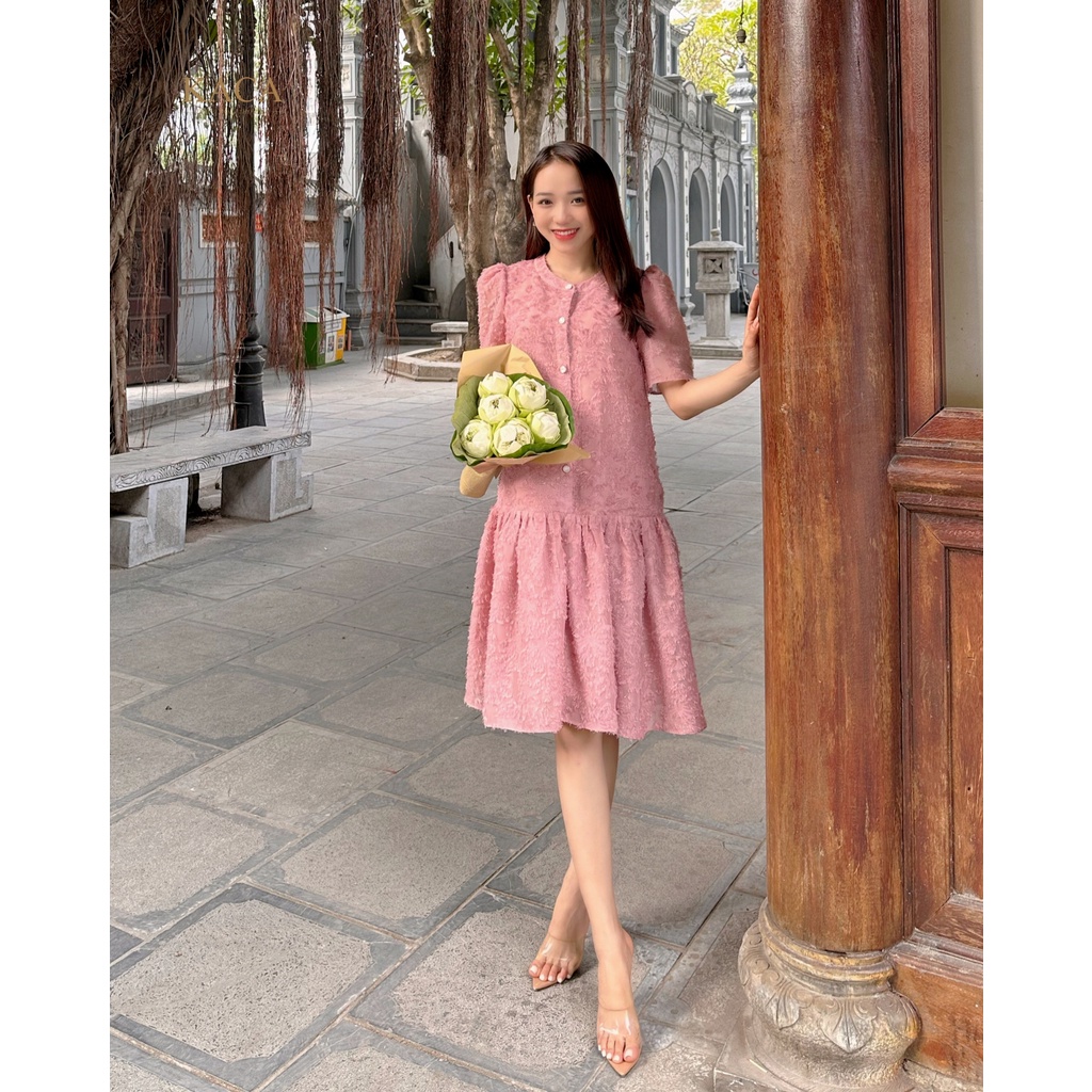 Váy thiết kế Maris Dress váy tay lỡ, có cúc váy hồng rose vải xù - KACA
