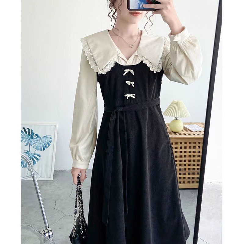 IELGY IELGY Đầm Tay Dài Cổ Chữ v plus size Phong Cách retro Dành Cho Nữ