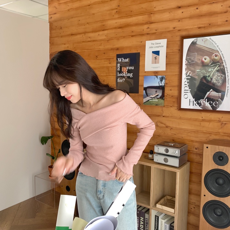 ZHELIHANGFEI Áo Dệt Kim Dài Tay Trễ Vai Dáng Ôm Gợi Cảm