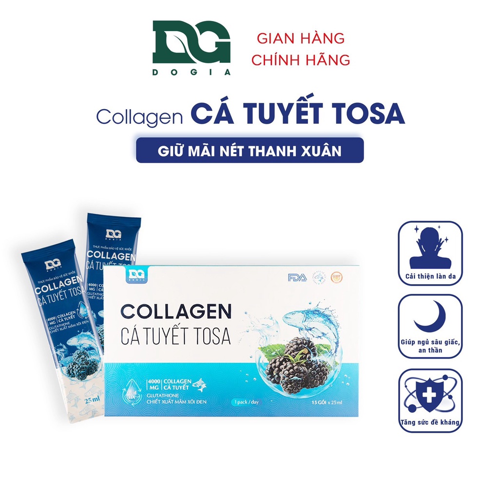 Collagen cá tuyết tosa Đỗ Gia làm đẹp da giúp da trắng sáng mịn màng hộp 15 gói x 25ml