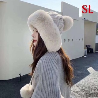 Mũ len thừng phối lông dây quả bông