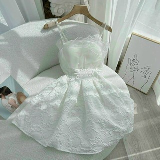 [11.11 Sales Freeship] Váy đầm nữ thiết kế đi tiệc, đầm gấm 2 dây đính ngọc phối bèo ngực voan kiếng dáng xòe sang chảnh