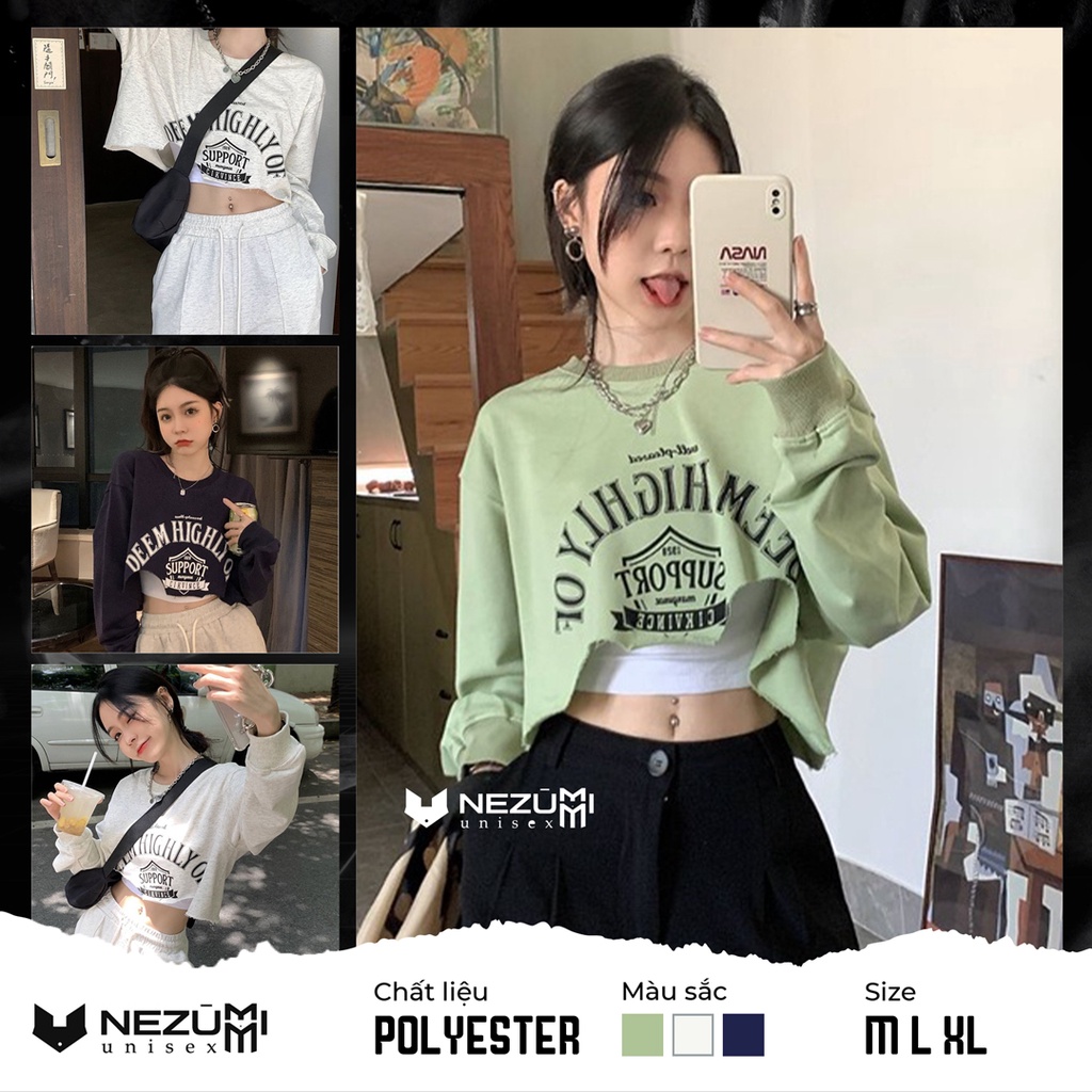 (Sẵn xanh bơ, trắng, xanh than) Áo thun dài tay croptop form rộng sexy đáng yêu màu xanh bơ