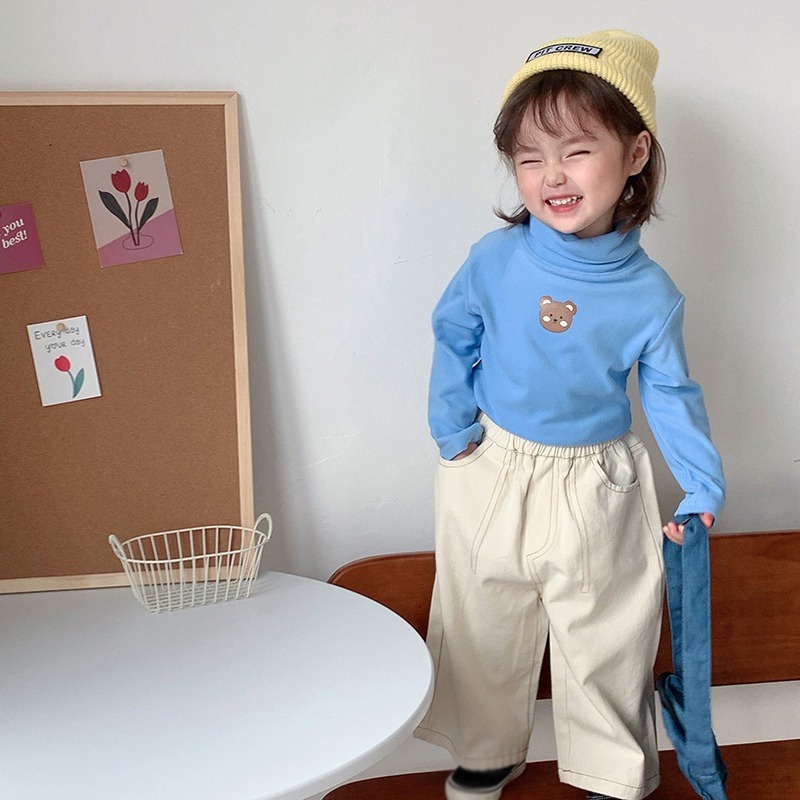 Áo Thun Tay Dài Cổ Lọ Vải Lông Thêu Hình Gấu Hoạt Hình Phong Cách Hàn Quốc Dành Cho Bé Gái