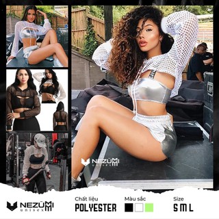 (Sẵn đen) Áo croptop hở ngực ren lưới xanh neon có mũ, áo tập gym nhảy cá tính