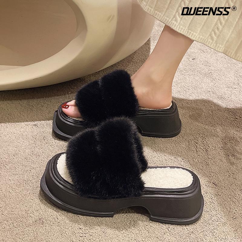 Dép Cao Gót Đế Dày Quai Ngang Phối Lông Thời Trang Mùa Thu 2022 Mới Cho Nữ