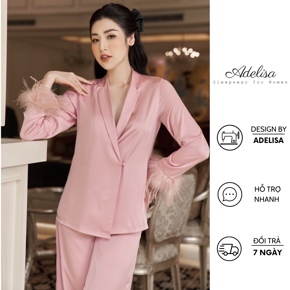 Bộ Đồ Pijama Nữ, ADELISA Lụa Mulburry Cao Cấp Tay Dài Quần Dài Màu Hồng Phối Lông Vũ