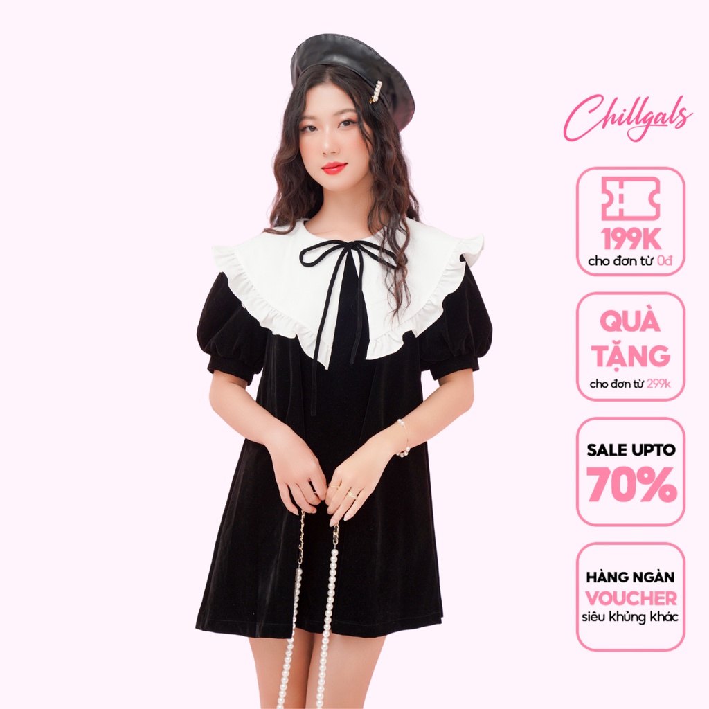 Váy baby doll tiểu thư Chillgals dáng rộng chất liệu nhung budanh cao cấp phối cổ lụa V-099