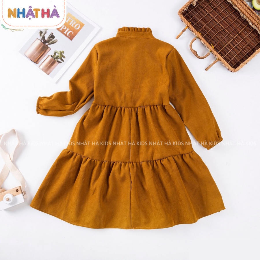 Váy nhung bé gái thu đông L1 cổ bèo tròn dáng xòe 2 tầng chất liệu nhung tăm size đại 11- 45kg