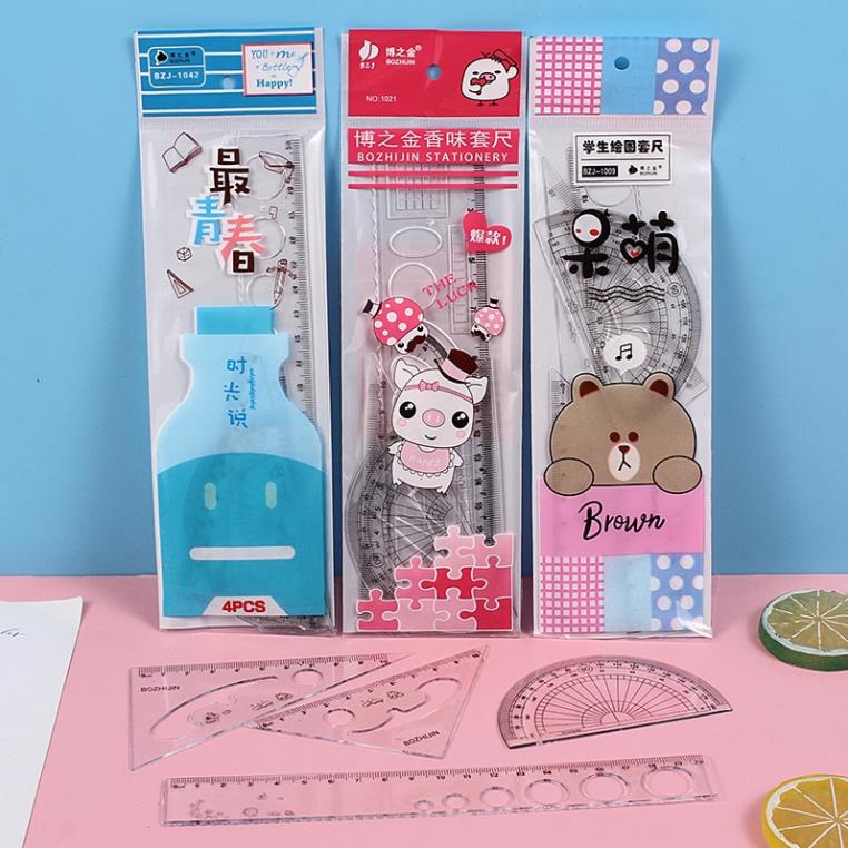 Thước Kẻ Cute Bộ Full Combo 4 Món Có Túi Đựng Họa Tiết Dễ Thương Cho Học Sinh - Vy Shop