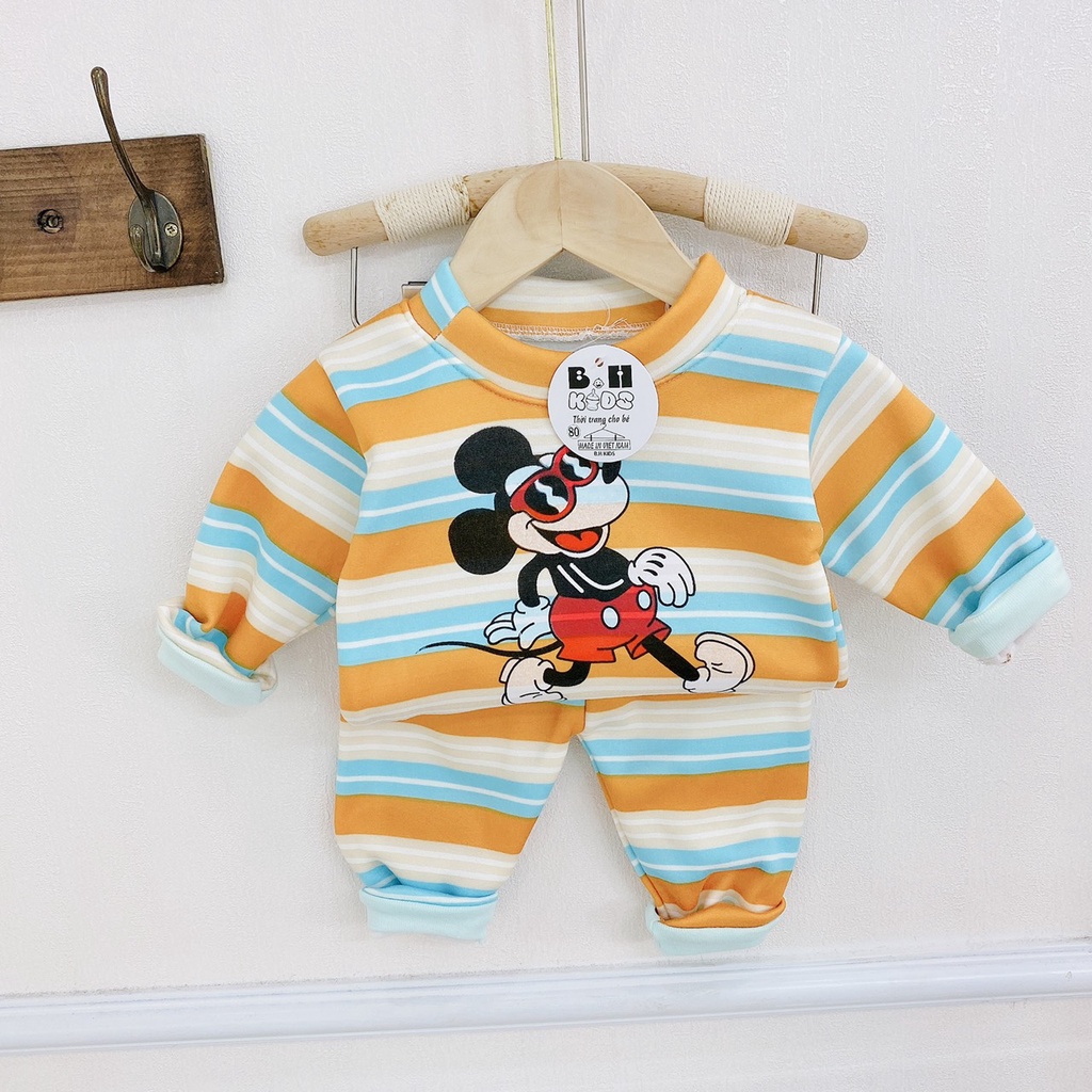 Đồ Bộ cho bé, quần áo nỉ bông dài tay kẻ ngang in hình chuột micky Q001