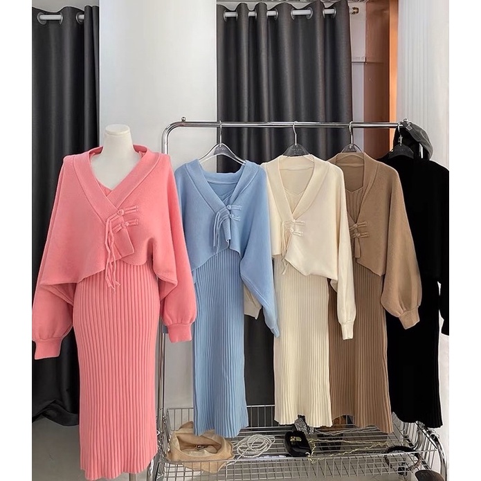 Set Đầm Len Kèm Áo Khoác Nhật Xinh Xắn