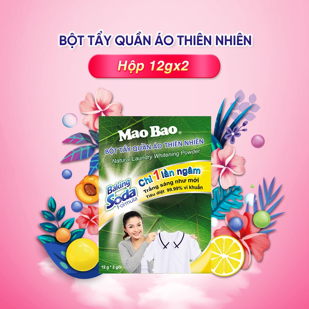 Bột tẩy quần áo thiên nhiên Baking Soda Mao Bao 12g x2 gói tẩy sạch quần áo trắng, chăn ga, không gây kích ứng da