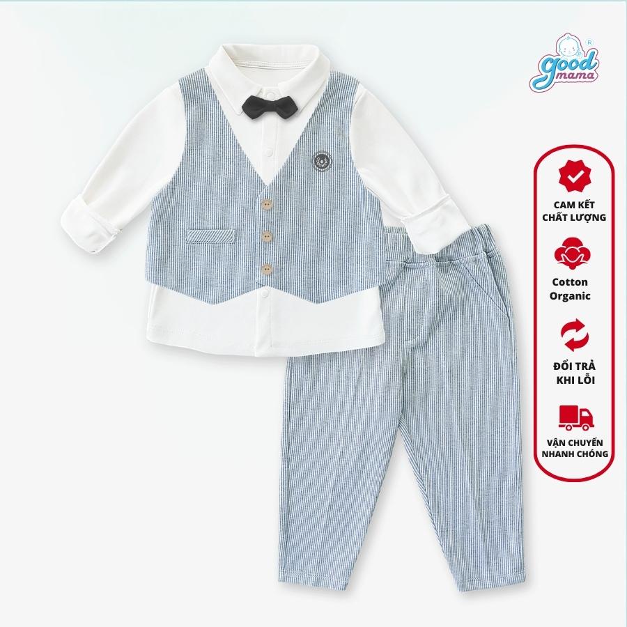 Bộ Quần Áo Gile Công Tử Cho Bé Trai Goodmama Cotton Organic - set 3 món Áo sơ mi, gile và quần