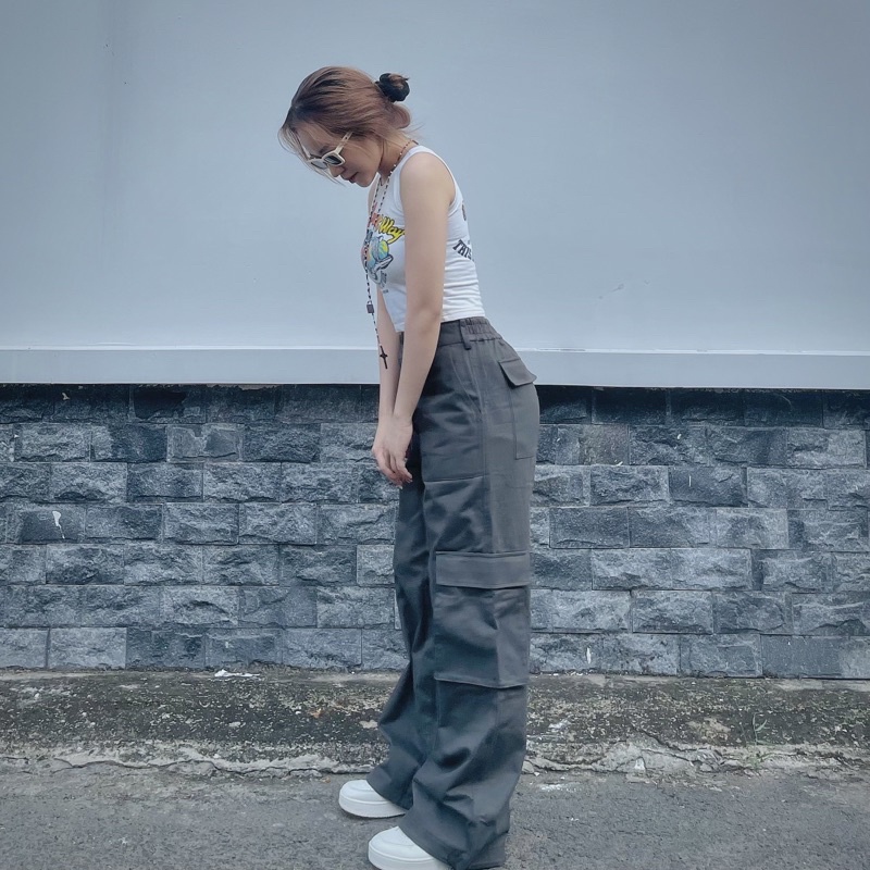 Quần Kaki Jean Ống Rộng Nâu đất Xám Xanh ống rộng lưng cao cực cá tính