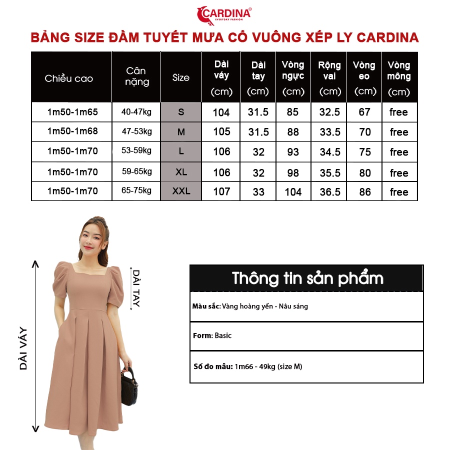 Đầm Nữ 𝐂𝐀𝐑𝐃𝐈𝐍𝐀 Chất Tuyết Mưa Cao Cấp Xếp Ly Dáng Xòe Chữ A Cổ Vuông Tay Bồng Tôn Dáng Sang Trọng 2VTM03