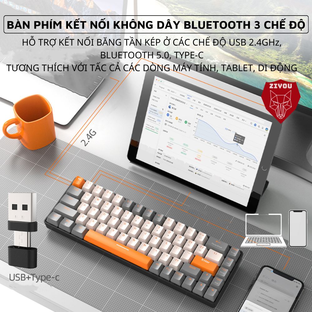 Bàn Phím CƠ Không Dây Bluetooth Ziyou K68BT Phím Red Switch Giảm Ồn Gõ Cực Thích Kết Nối Đa Năng Máy Tính/Điện Thoại/Mac