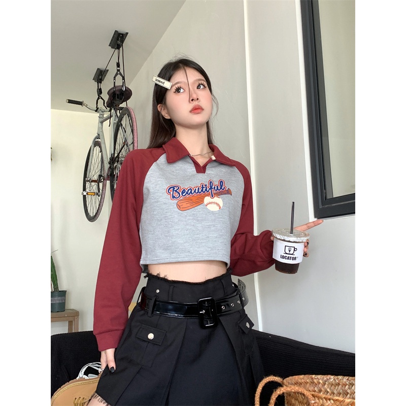 IELGY  Áo Croptop Tay Dài In Chữ Thời Trang Dành Cho Nữ