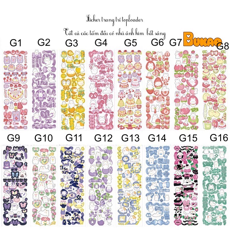 Sticker trang trí toploader diy, sticker ánh kim bắt sáng nhũ cute