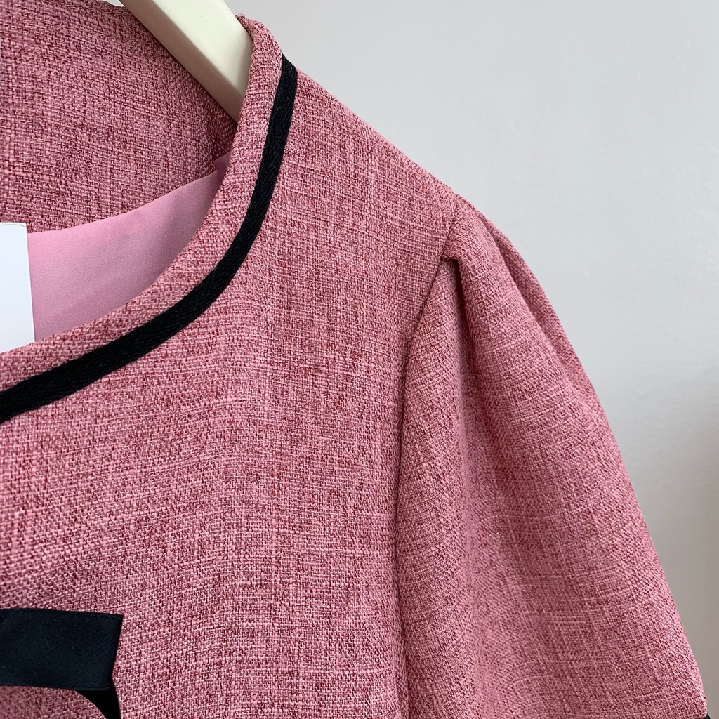 (HÀNG SẴN - HÌNH THẬT) Áo chất Tweed Hàn cổ tròn đính nơ - Blazer mặc được 2 kiểu Khoác ngoài hoặc mặc trơn