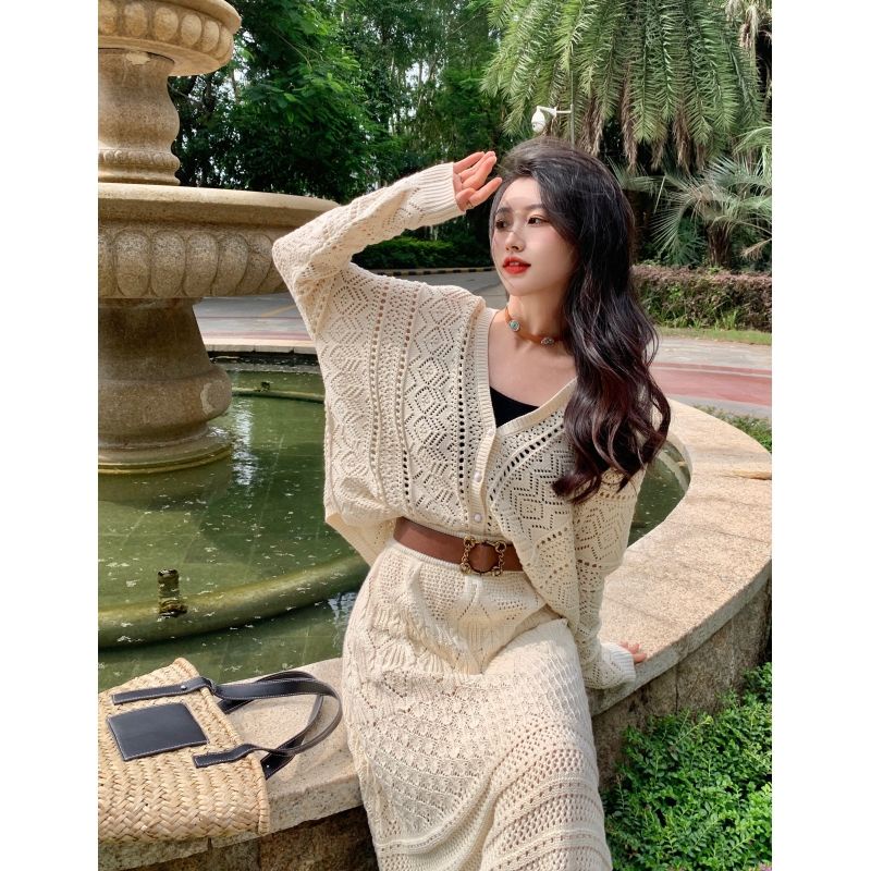 Kumikumi Áo Khoác Cardigan Dệt Kim Rỗng Dáng Dài Eo Cao Thời Trang Mùa Thu Dành Cho Bạn Nữ