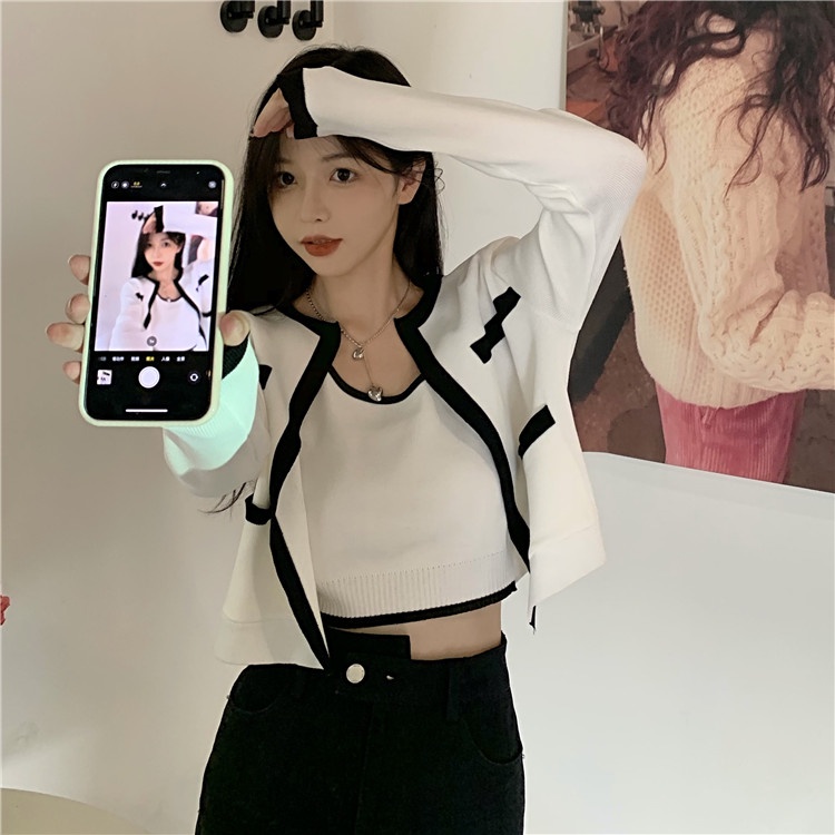 ZHELIHANGFEI Bộ Áo Cardigan Dệt Kim Tay Dài + Quần Lưng Cao Quyến Rũ Thời Trang Cho Nữ