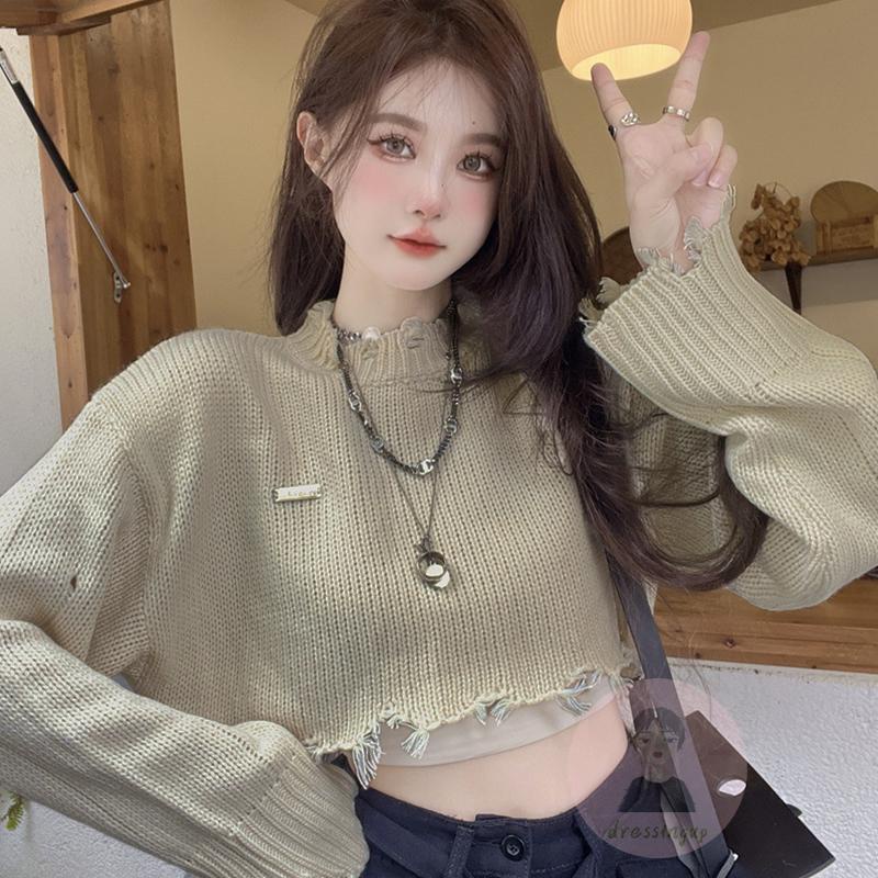 Áo Sweater Dệt Kim Tay Dài Cổ Tròn Màu Sắc Đơn Giản Cho Nữ