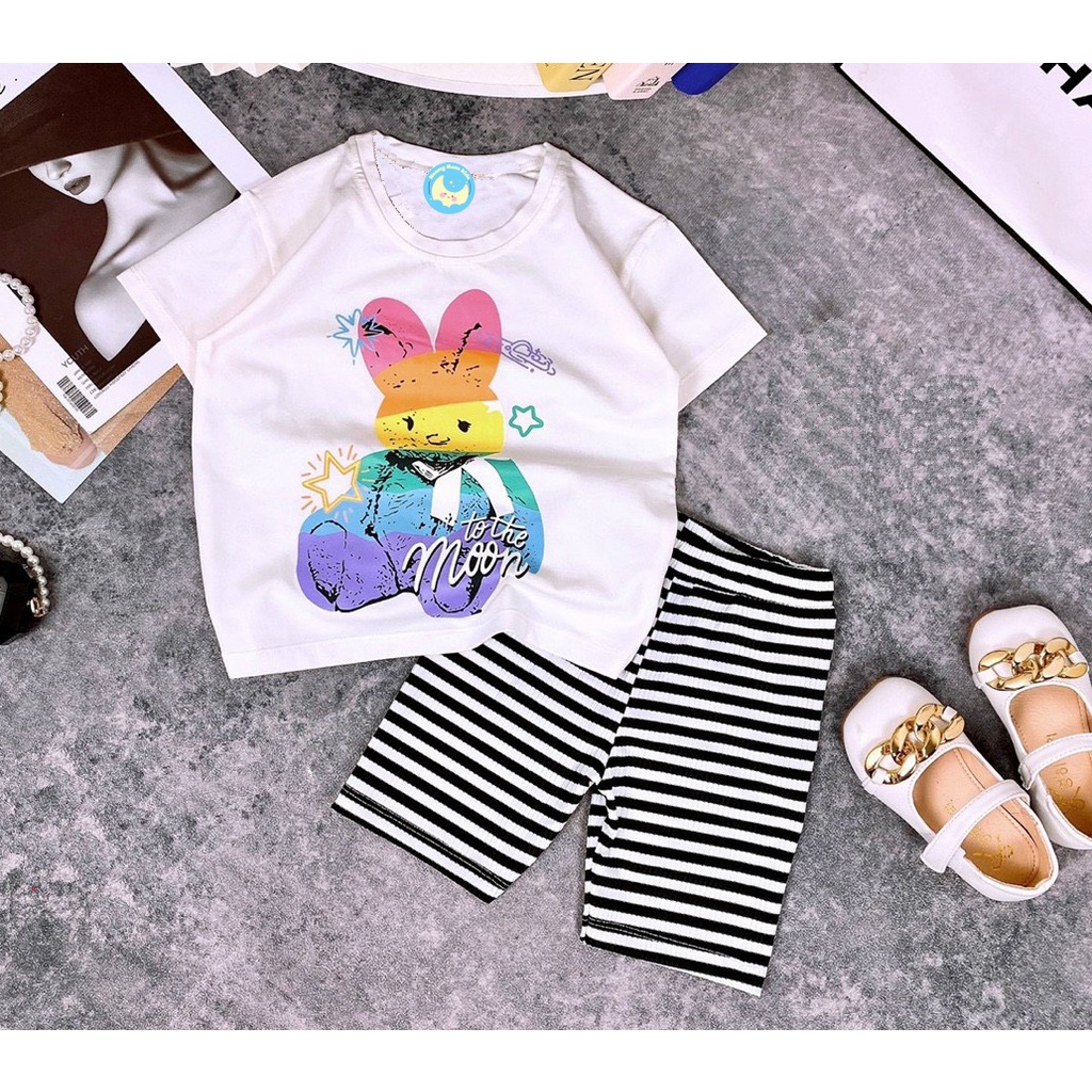 Sét3 Bộ đồ bé gái bộ đồ lửng quần sọc in hình GẤU TO THE MOON đáng yêu chất vải co giãn 4 chiều cho bé từ 10kg đến 30kg
