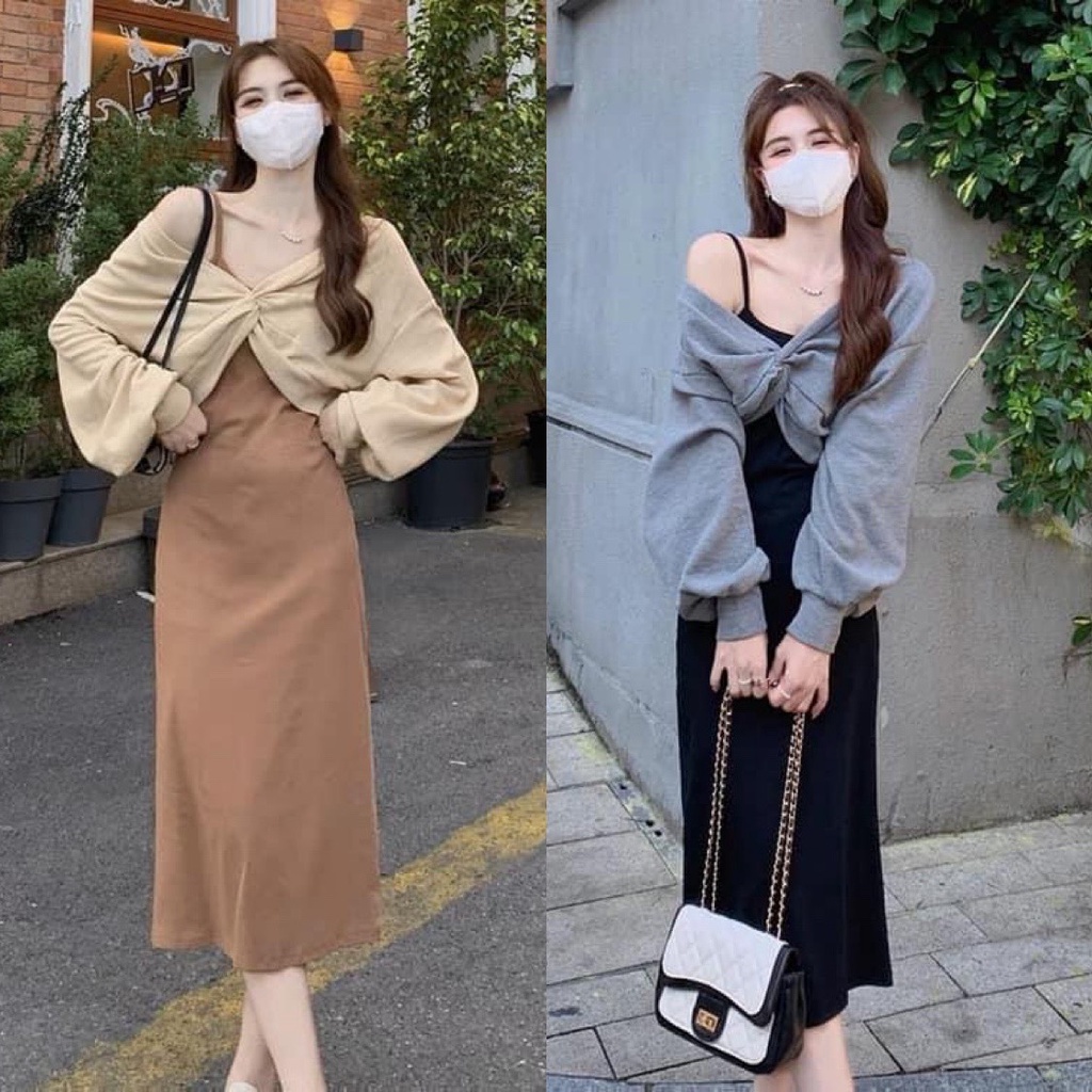 [Ảnh Thật/Video]: Set Váy Nữ 2 Dây Mix Áo Xoắn Ngực Tiểu Thư xinh 2 Màu [LOLLA_YE_FASHION]