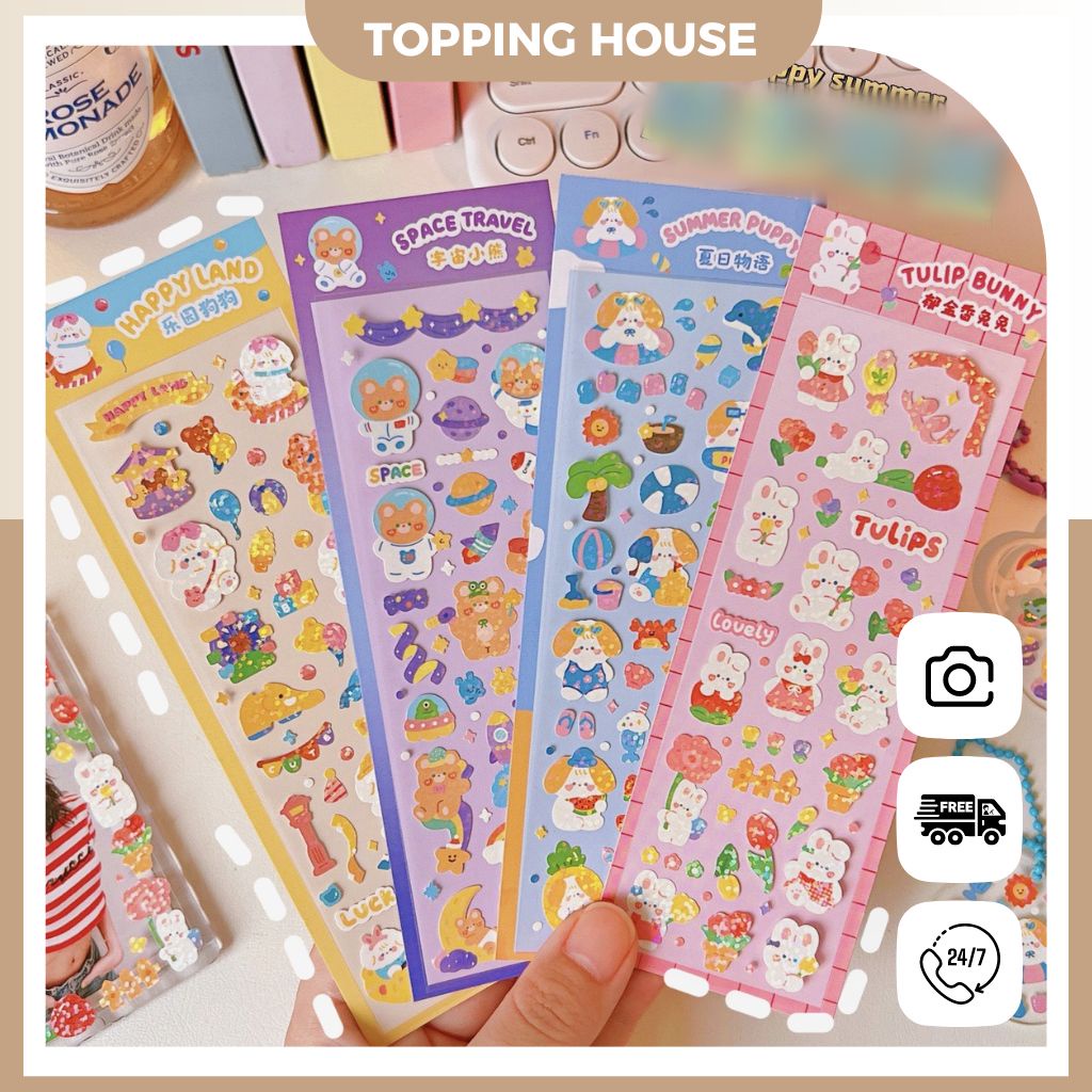 Sticker Hình Dán Trang Trí Toploader Lấp Lánh PET, Miếng Dán Họa Tiết Hoạt Hình - Topping House - DC34