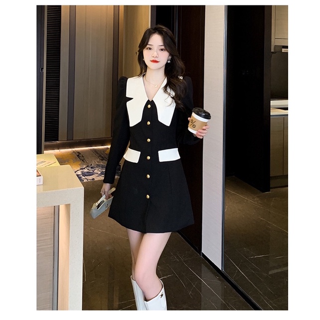 Đầm Váy Liền Ngắn Nữ Thiết Kế Dáng Chữ A Tay Dài Màu Trắng Đen Vải Dày Dặn Phong Cách Tiểu Thư Nhẹ Nhàng Sang Chảnh