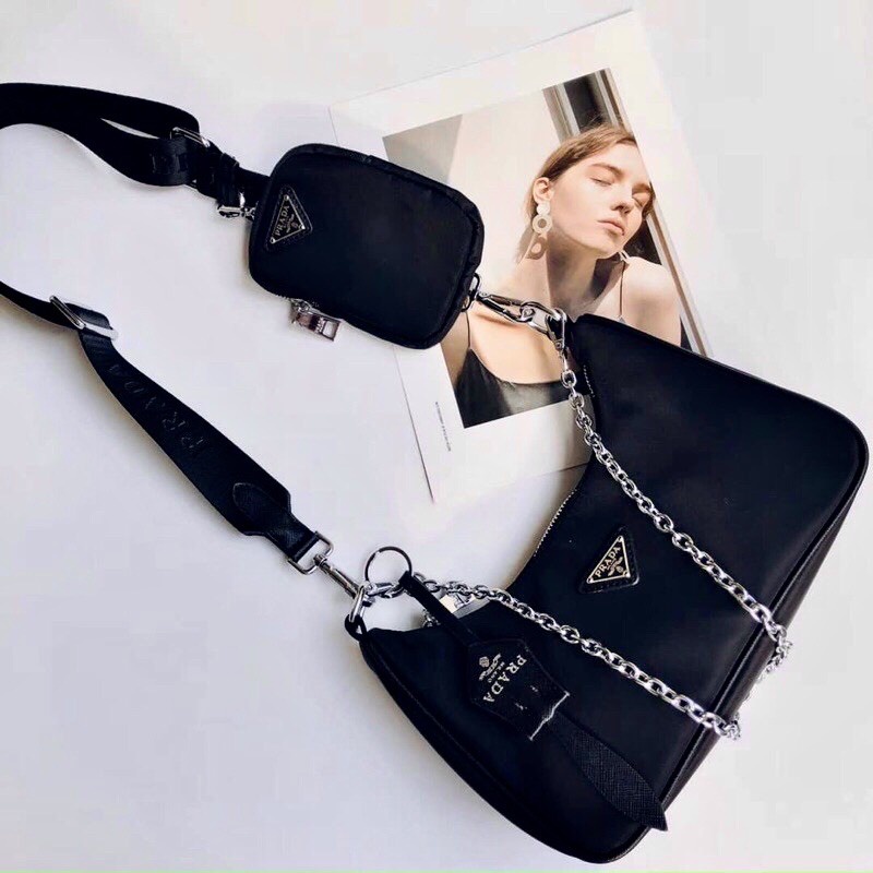 Túi xách Prada Hobo black Set túi xách Prada 2 chi tiết kèm ví nhỏ size 22 - ZENI.STORE