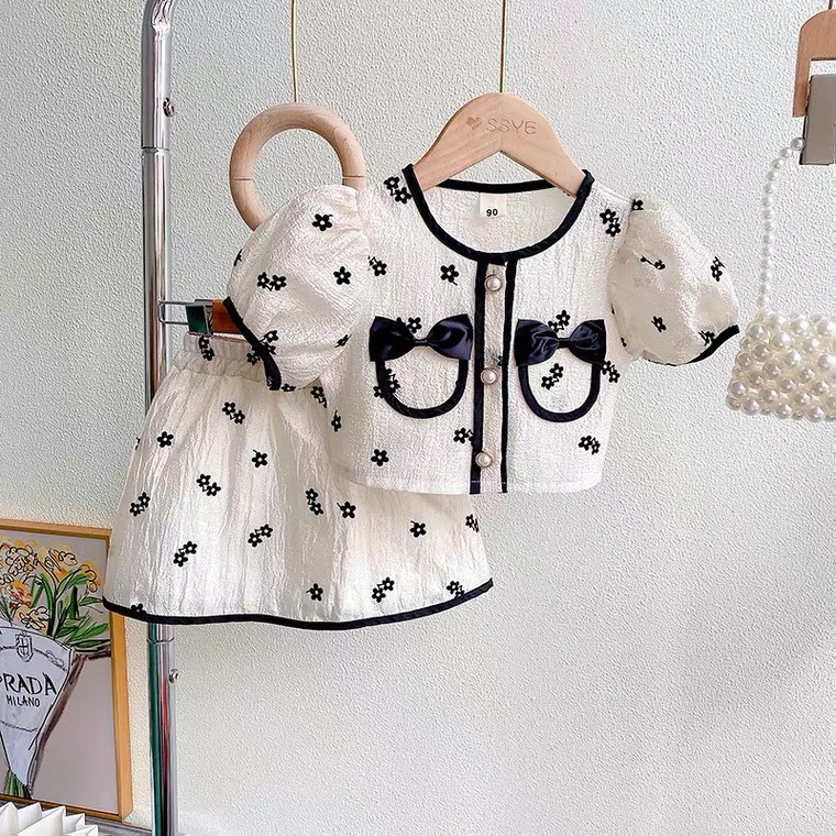 Babyfair. Váy Bé Gái Hai Mảnh Ngắn Tay Phồng Thanh Lịch Dễ Thương Flowy Trẻ Em Quần Áo