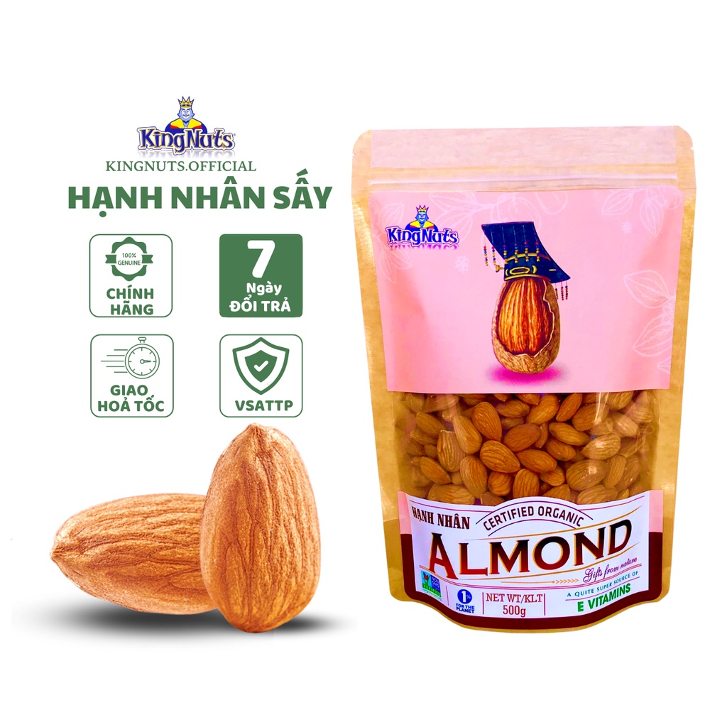 Hạt hạnh nhân sấy KingNuts nhập khẩu Mỹ thơm giòn không hôi dầu, hạnh nhân rang đồ ăn vặt giảm cân ăn kiêng túi ZIP 500g