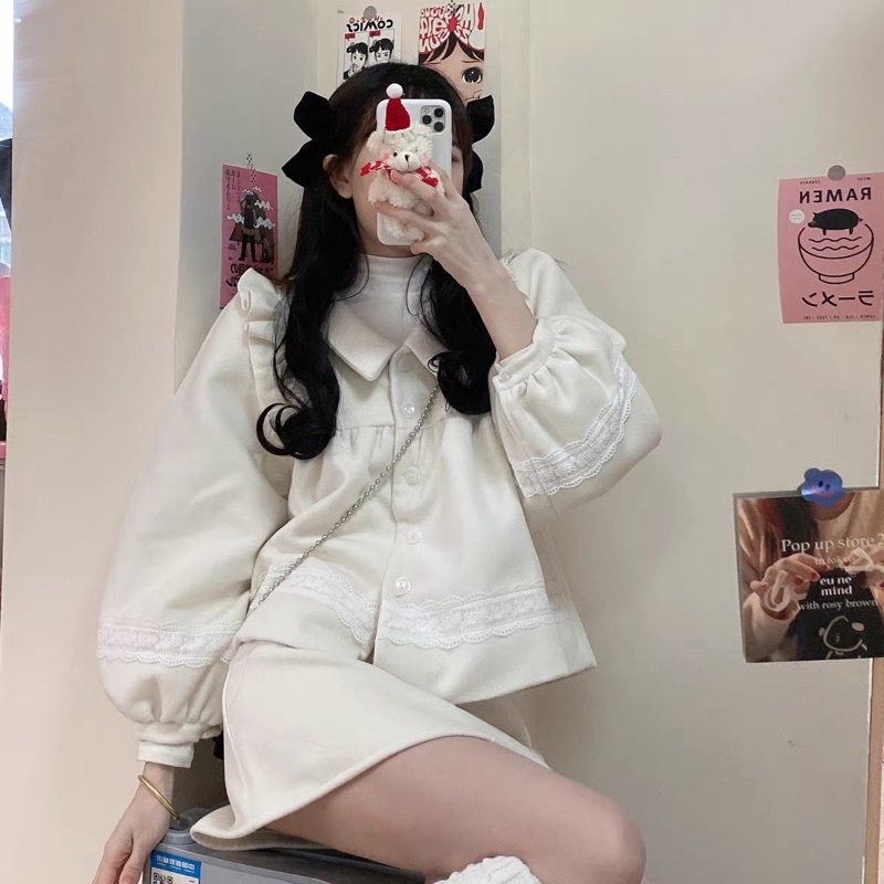 Set Áo Tay Dài Bồng Dáng Babydoll Cổ Bẻ Và Chân Váy Chữ A Xinh Xắn