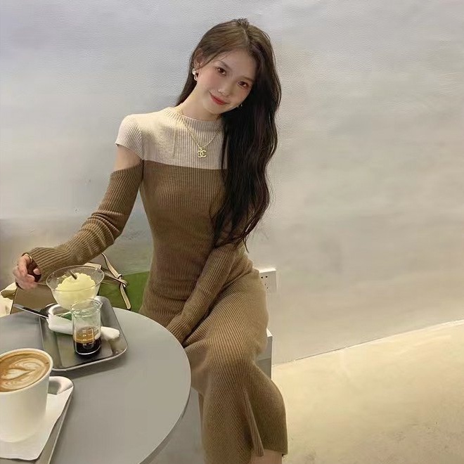 Đầm SUXI tay dài dệt kim ôm dáng phối hai màu cổ điển thời trang thu đông dành cho nữ